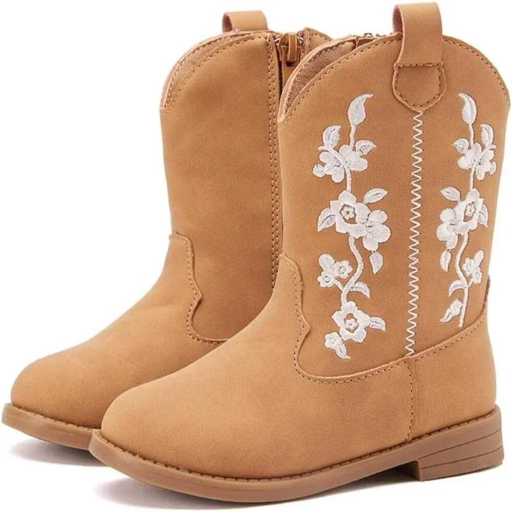 ⚡Girls 4-Brown Microfiber Little Kids Mid Calf Western Pointed Toe Riding Boots